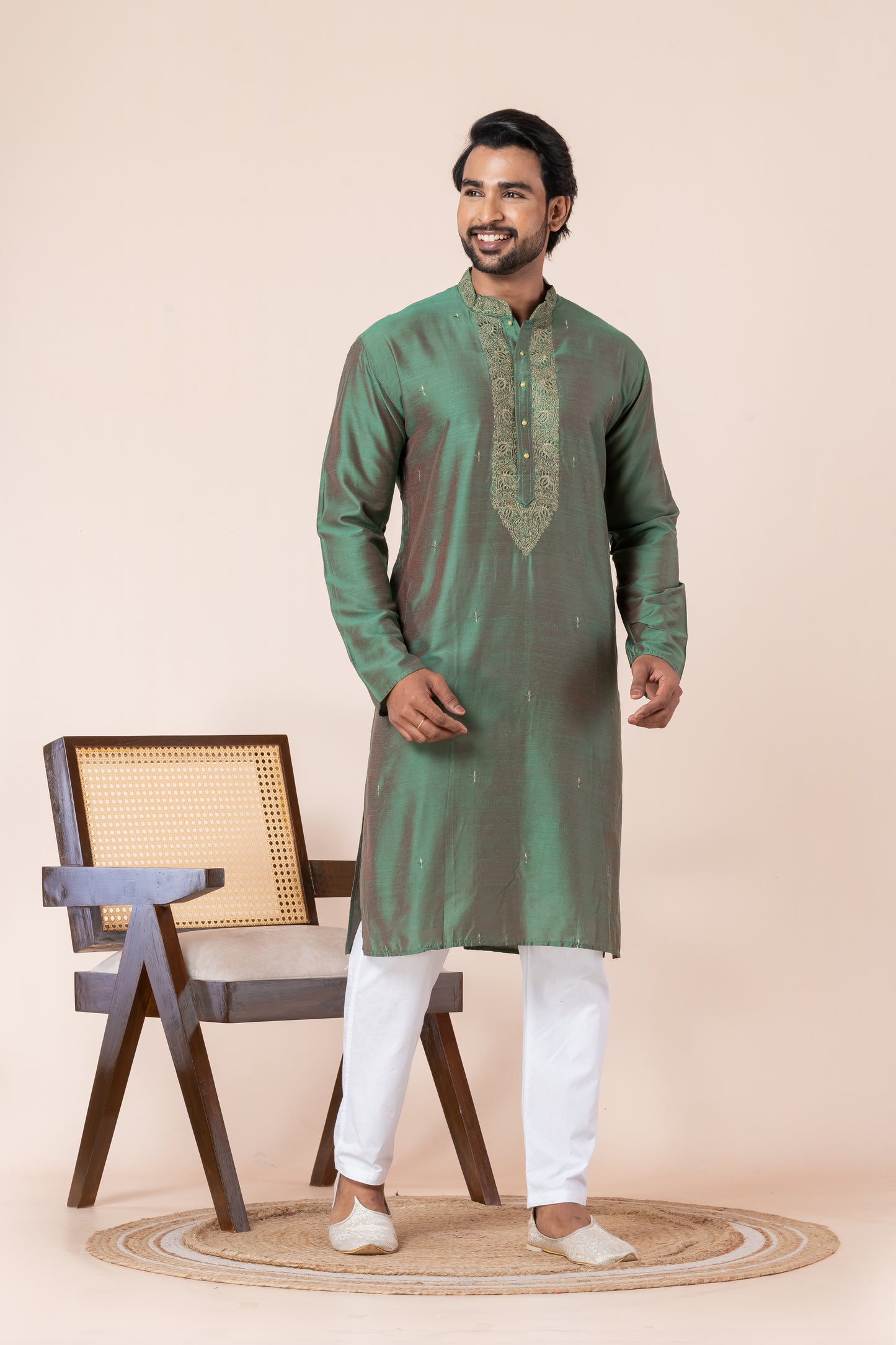 Raw Silk Kurta (Green)