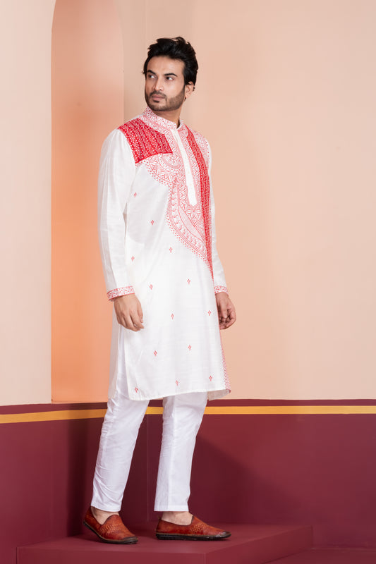 raw silk panel embroidery (White)