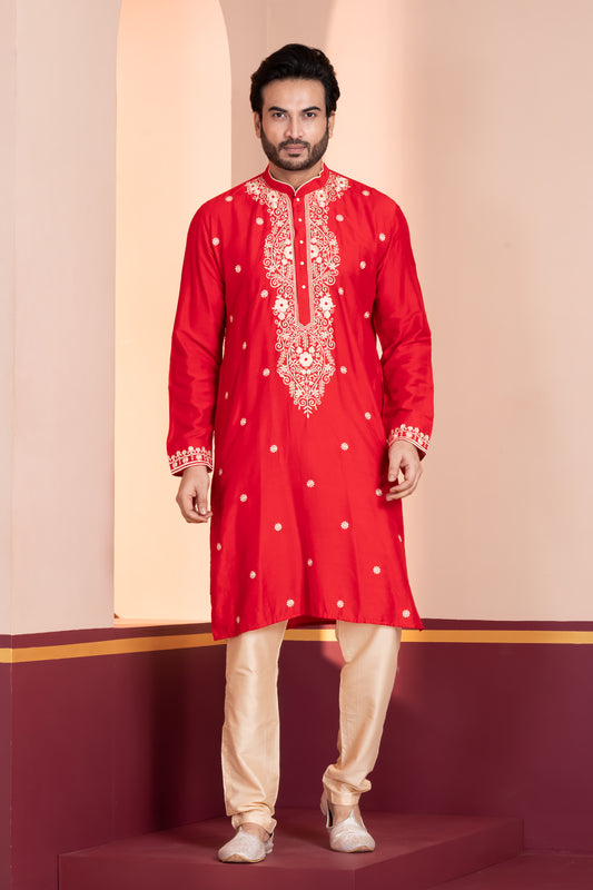 Title Raw Silk, Neck Embroidery (Red)