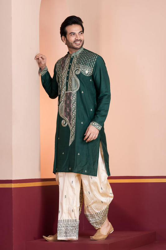 raw silk panel embroidery (Green)