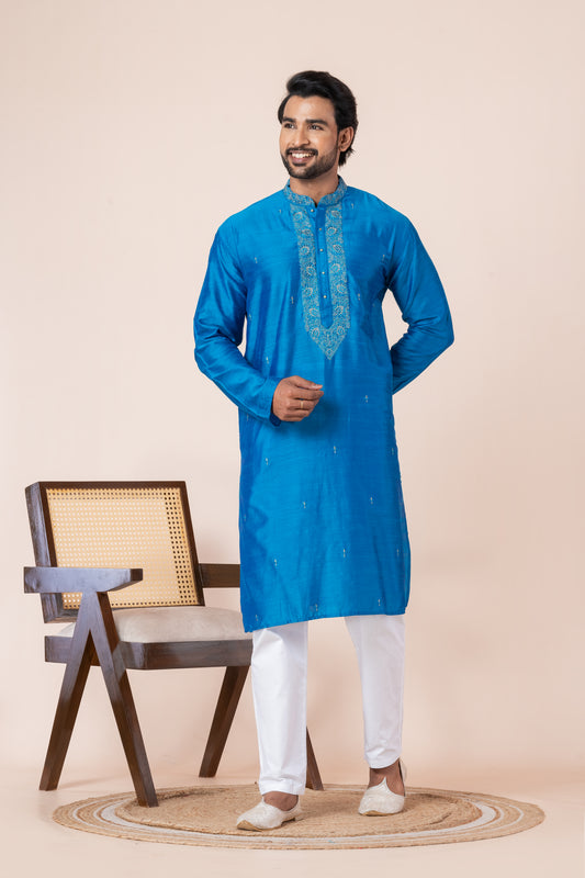 Raw Silk Kurta (Blue)