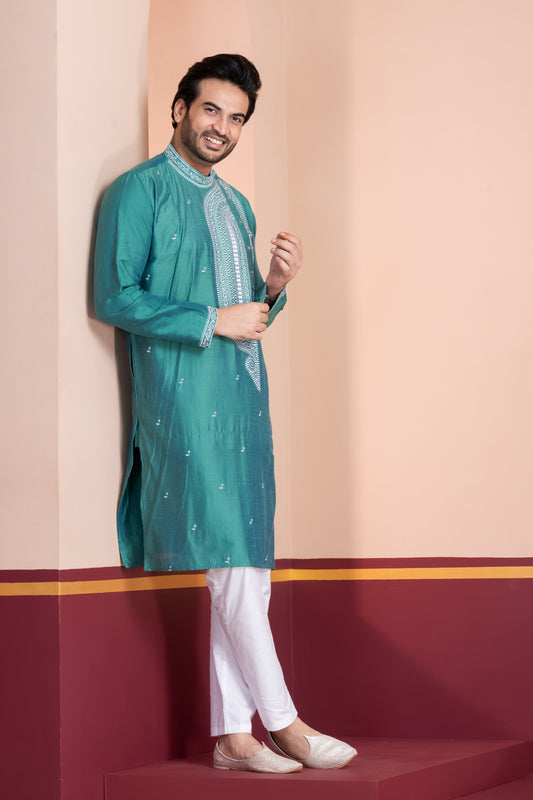 Raw Silk Side Neck Embroidery (Blue)