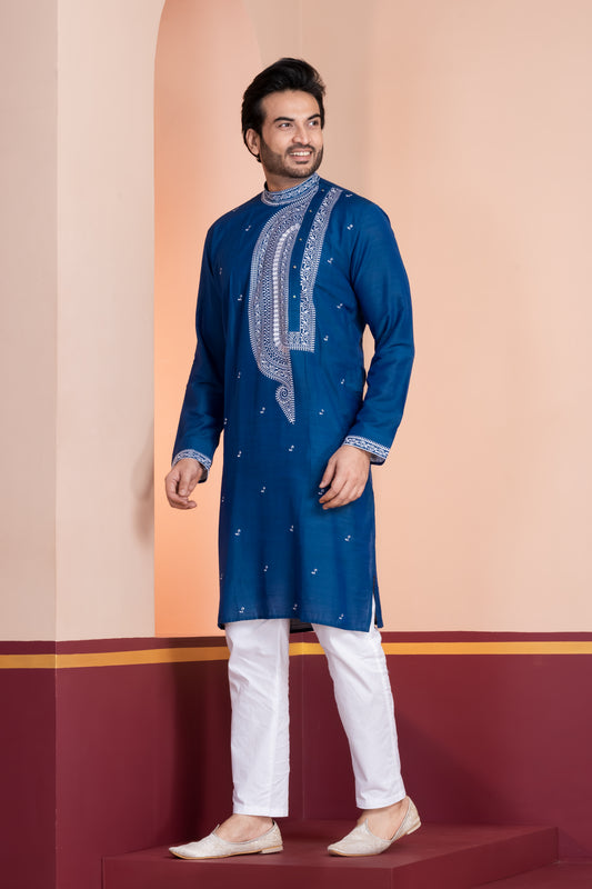 Raw Silk Side Neck Embroidery (Navy)