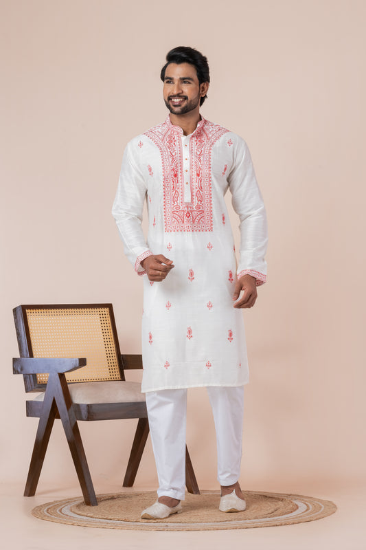 Raw Silk Neck Embroidery (White)