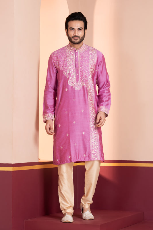 Raw Silk, Embroidery (Pink)