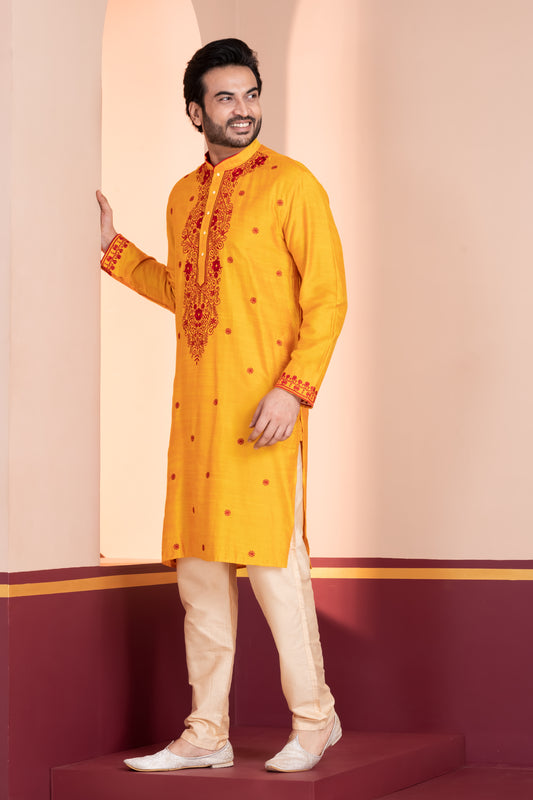 Title Raw Silk, Neck Embroidery (Yellow)