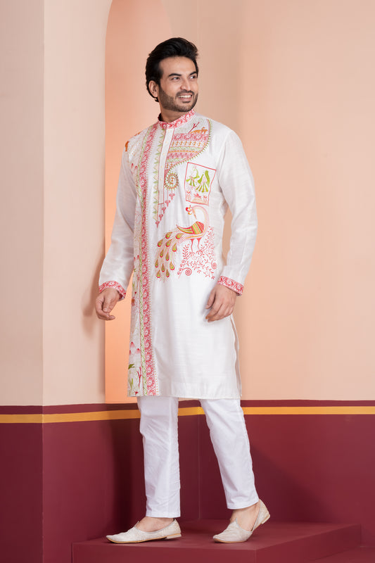 Raw Silk , Hand Woven Embroidery (White)