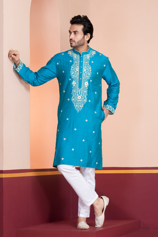 Title Raw Silk, Neck Embroidery (Blue)