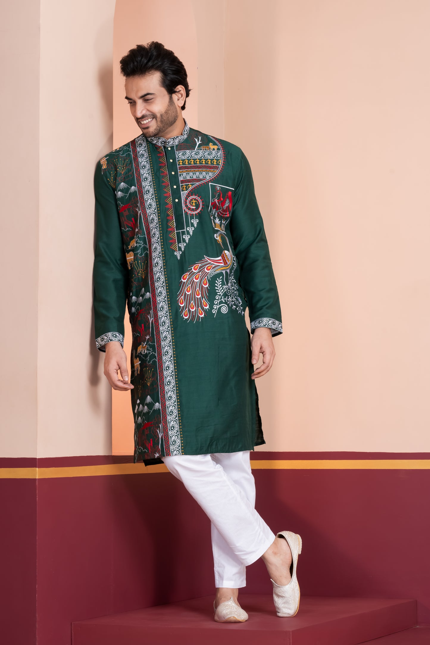 Raw Silk , Hand Woven Embroidery (Green)