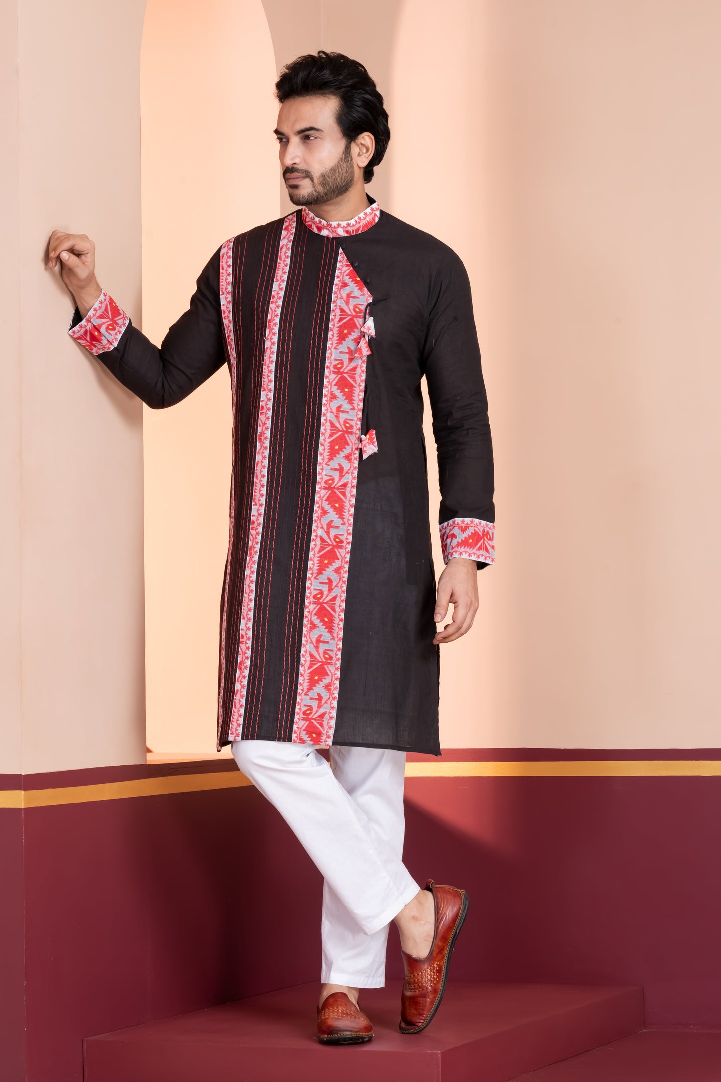 Cotton Jamdani Side Neck (Black)