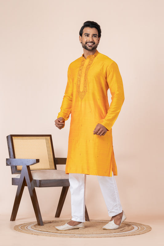Raw Silk Kurta (Yellow)