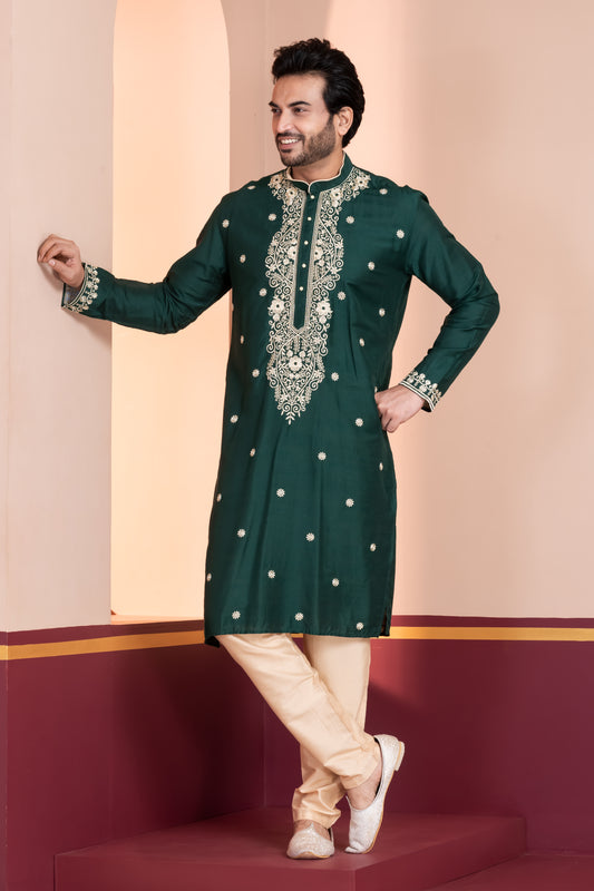 Title Raw Silk, Neck Embroidery (Green)