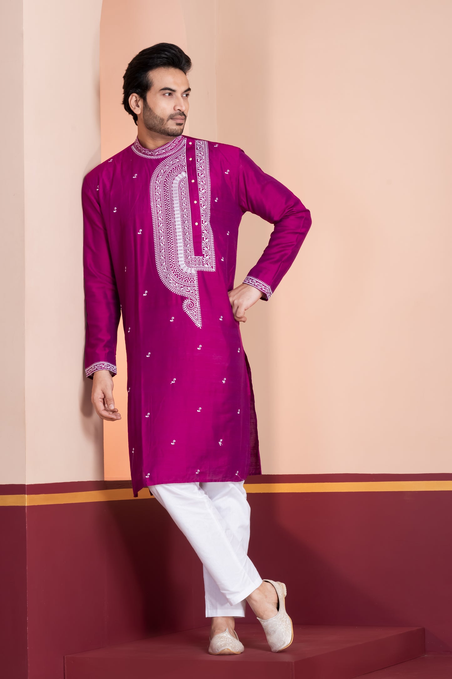 Raw Silk Side Neck Embroidery (Purple)