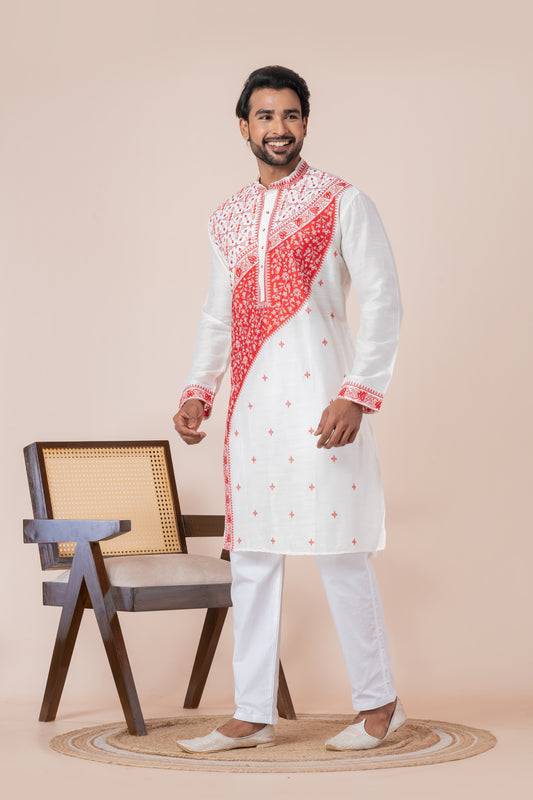 Raw Silk Leaf Embroidery (White)