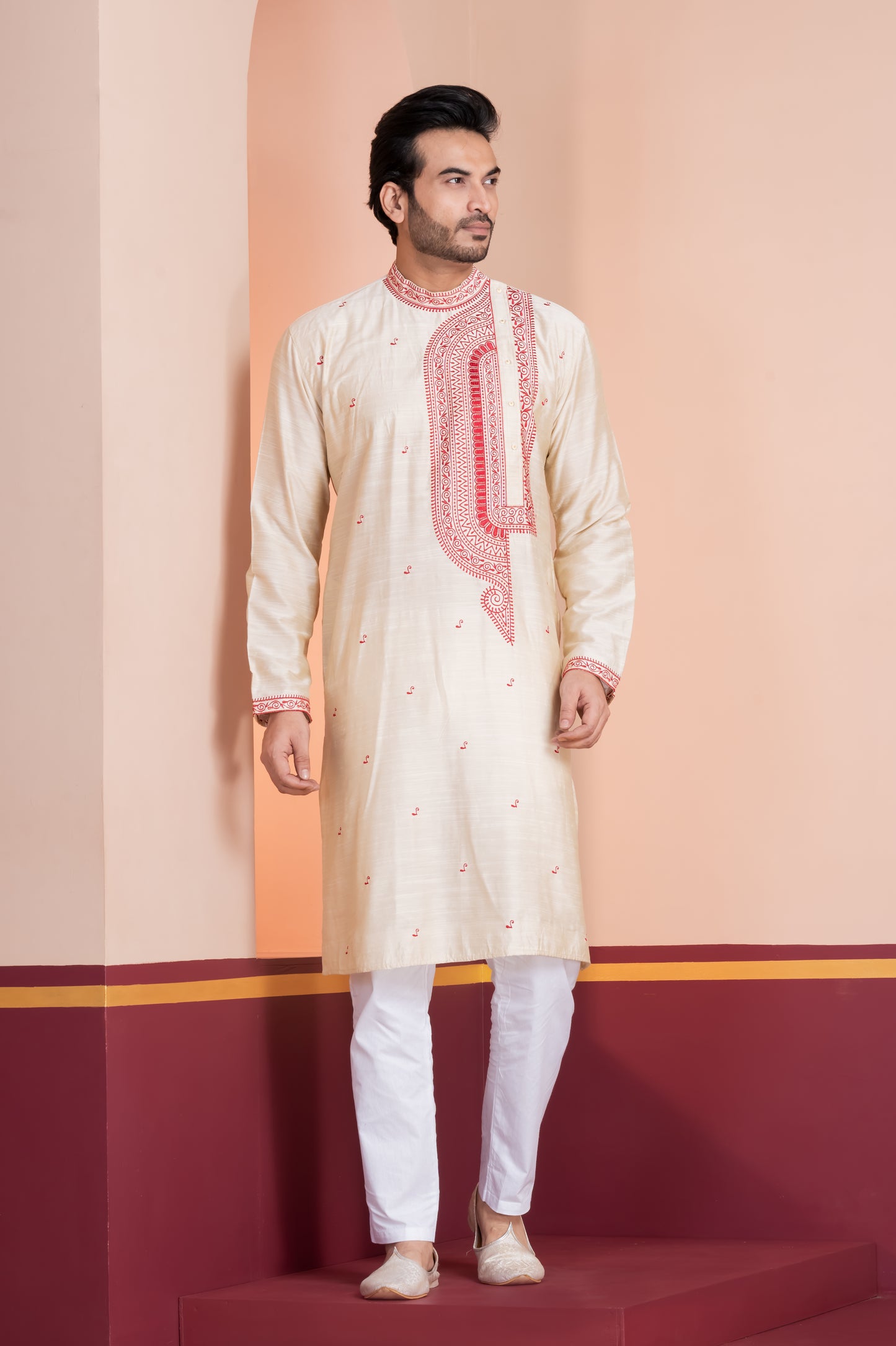 Raw Silk Side Neck Embroidery