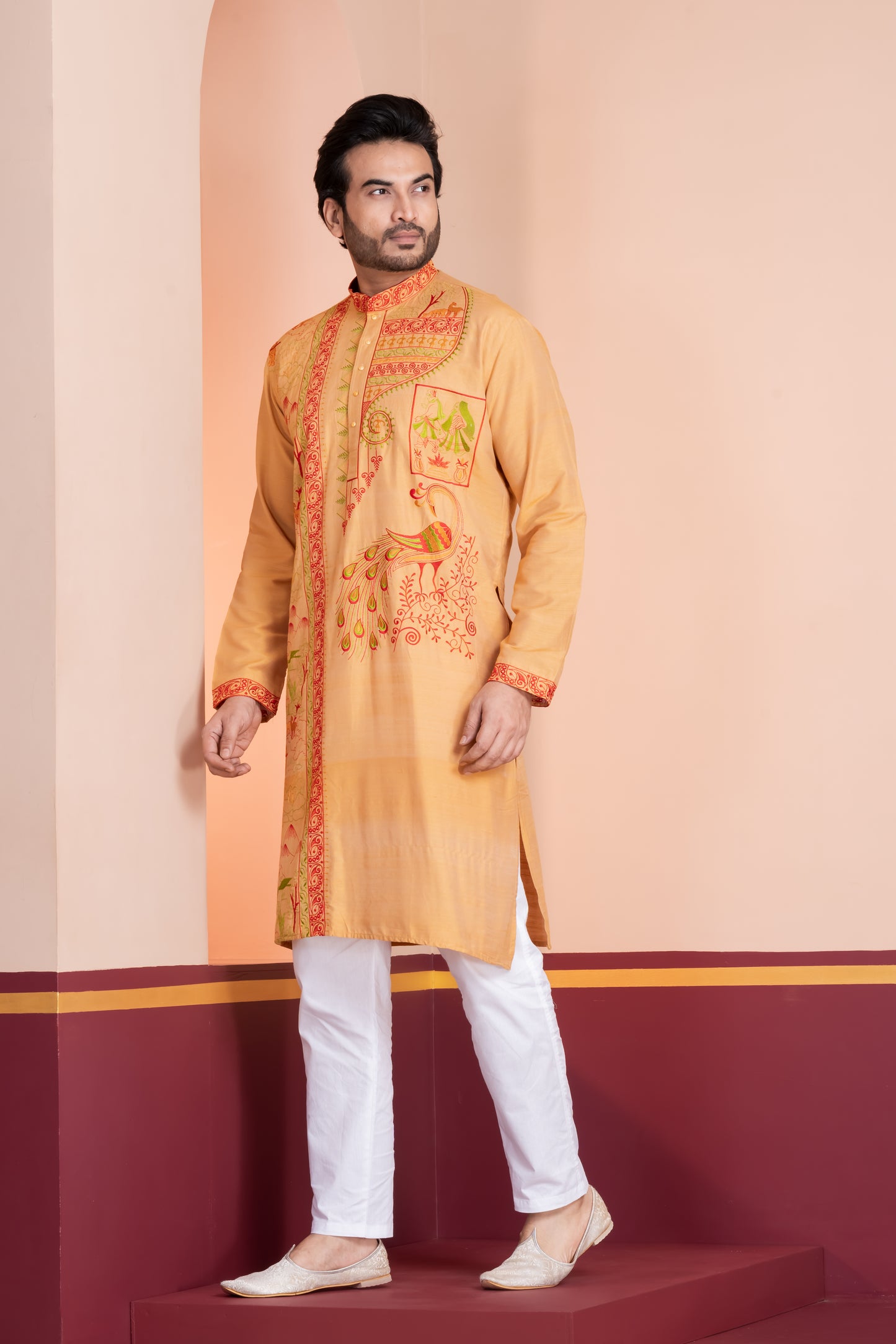 Raw Silk , Hand Woven Embroidery (Yellow)