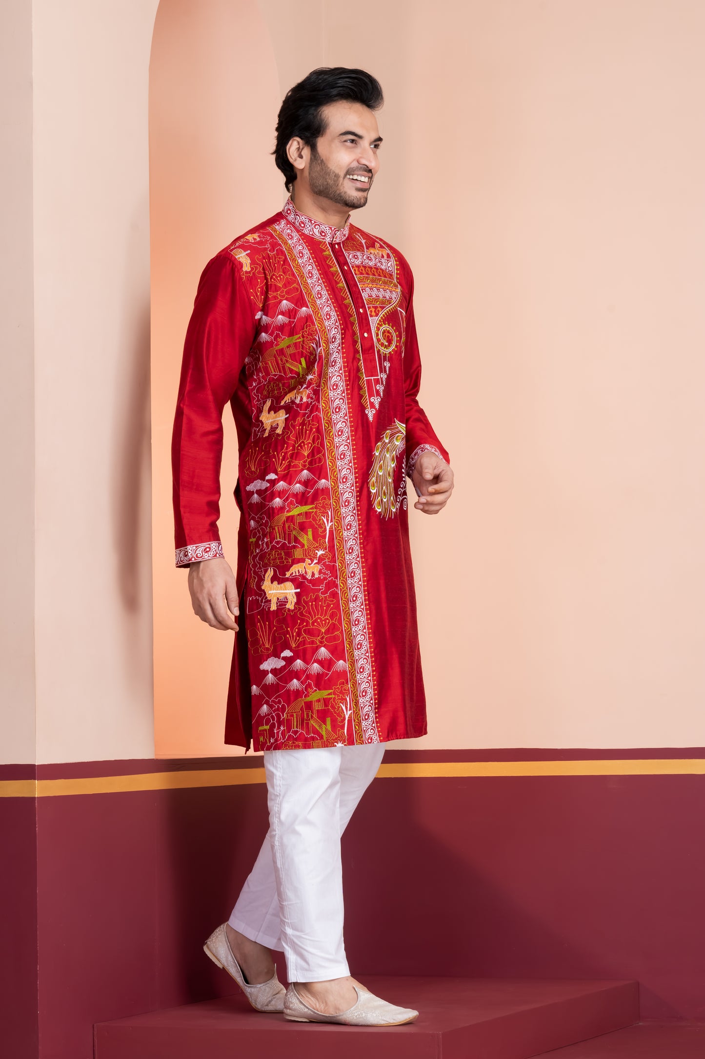 Raw Silk , Hand Woven Embroidery (Red)