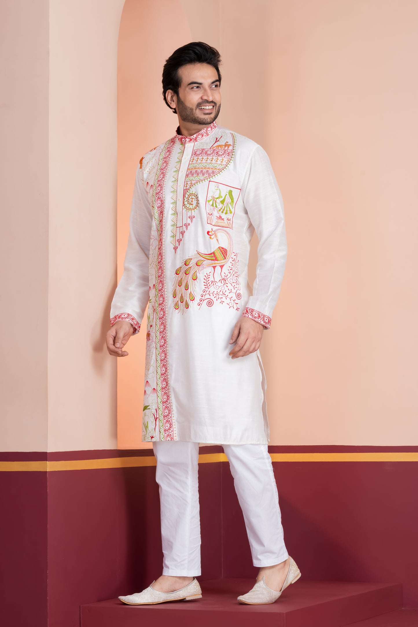 Raw Silk , Hand Woven Embroidery (White)