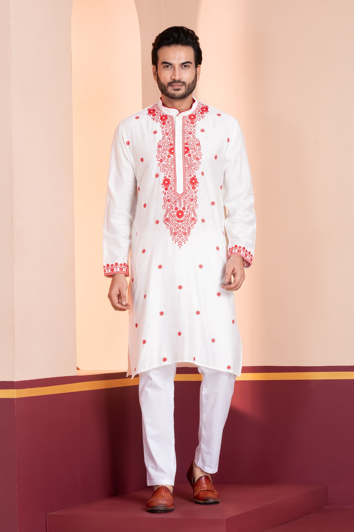 Title Raw Silk, Neck Embroidery (White)