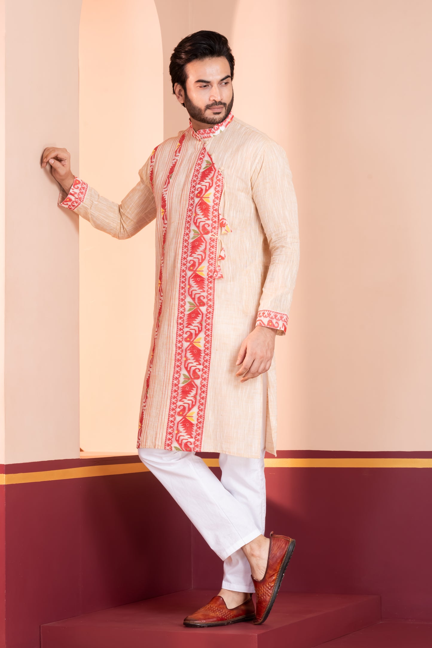 Cotton Jamdani Side Neck (Beige)